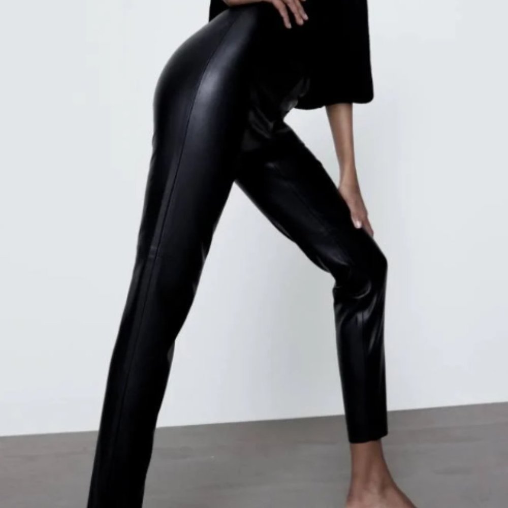 Zara Basic Faux Vegan Black Leather Pants Ankle Zip Women's Size M